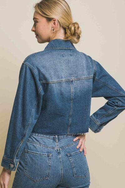Love Tree Raw Hem Button Up Cropped Denim Jacket for Women - Selvanelle