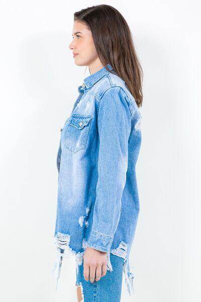 American Bazi Frayed Hem Distressed Denim Shirt Jacket - Selvanelle