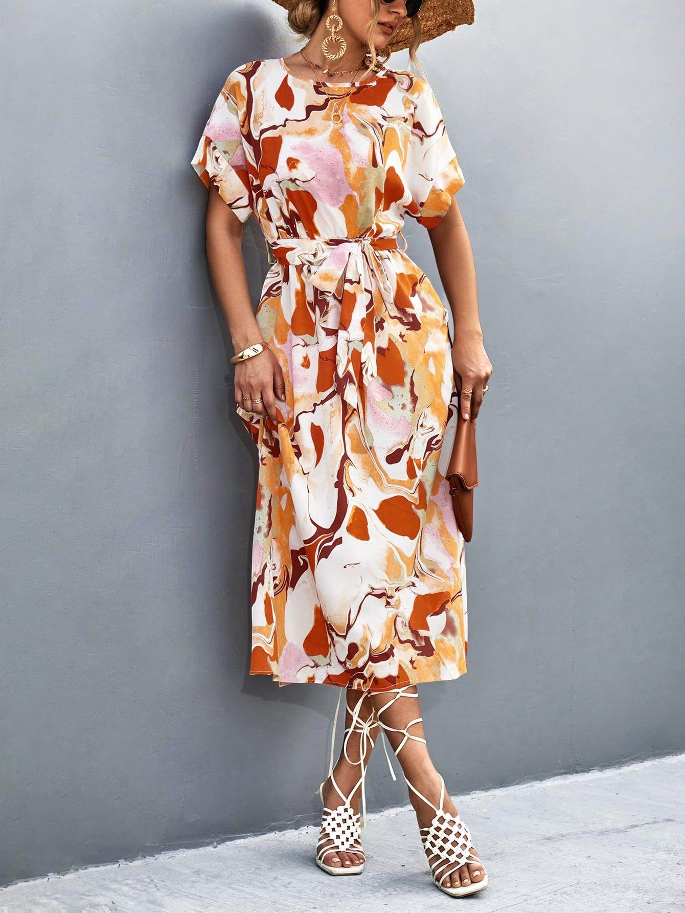 Round Neck Short Sleeve Tie Waist Midi Dress for Women - Selvanelle