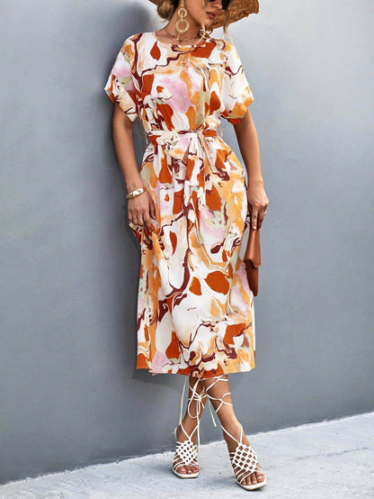 Round Neck Short Sleeve Tie Waist Midi Dress for Women - Selvanelle