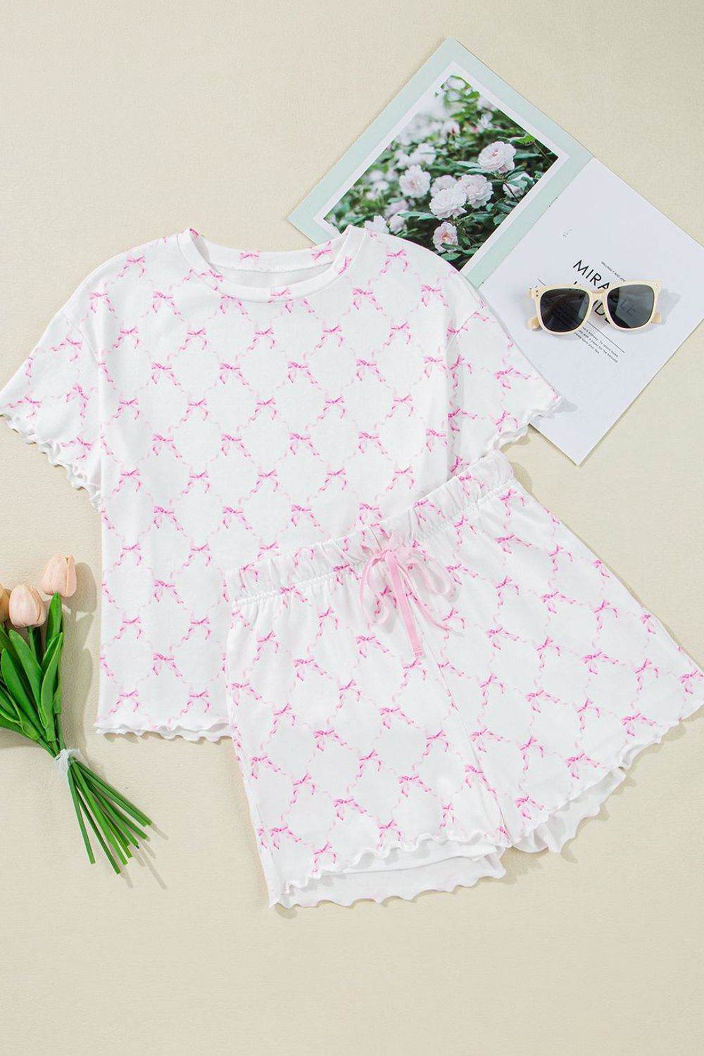 Bow Print Lettuce Trim Round Neck Top and Shorts Lounge Set - Selvanelle