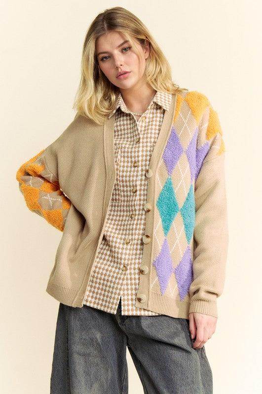 Davi & Dani Argyle V-Neck Dropped Shoulder Cardigan Style - Selvanelle