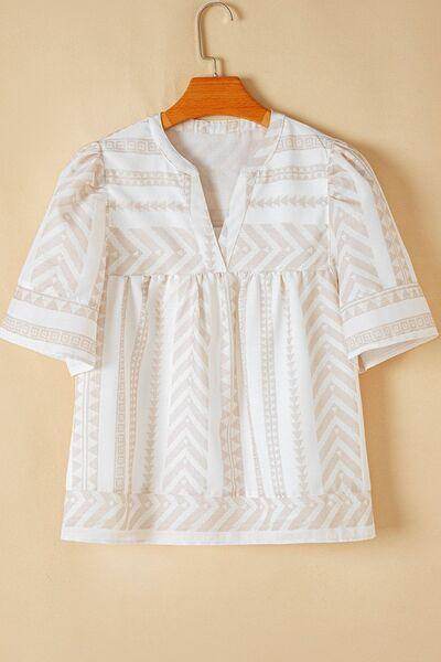 Geometric Jacquard Notched Half Sleeve Blouse for Women - Selvanelle