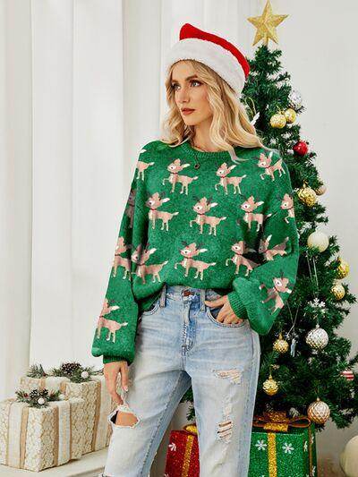 Reindeer Round Neck Long Sleeve Sweater for Women - Selvanelle