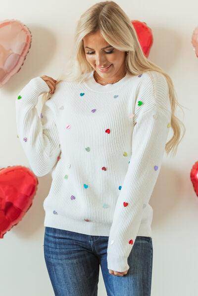 Heart Sequin Round Neck Long Sleeve Sweater for Women - Selvanelle