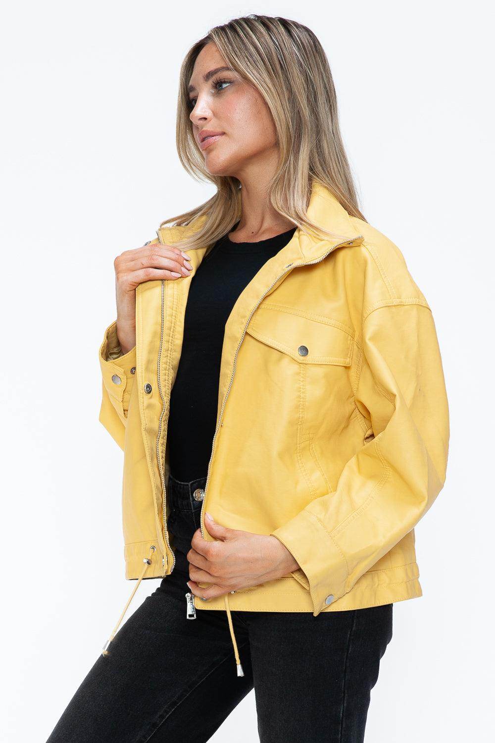 How Dare U Drawstring Hem PU Leather Zip Up Jacket for Women - Selvanelle