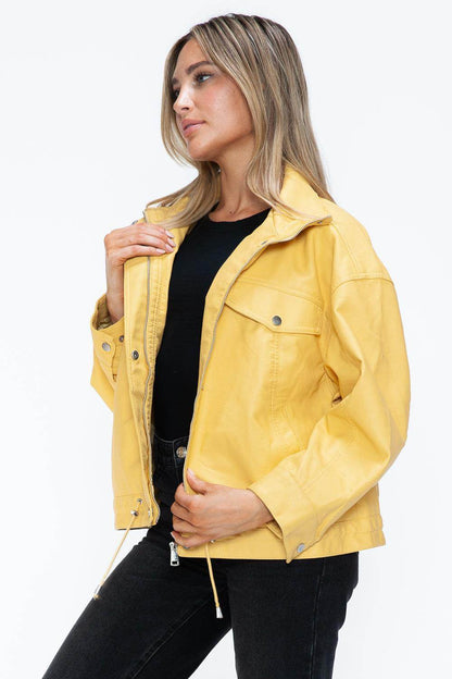 How Dare U Drawstring Hem PU Leather Zip Up Jacket for Women - Selvanelle