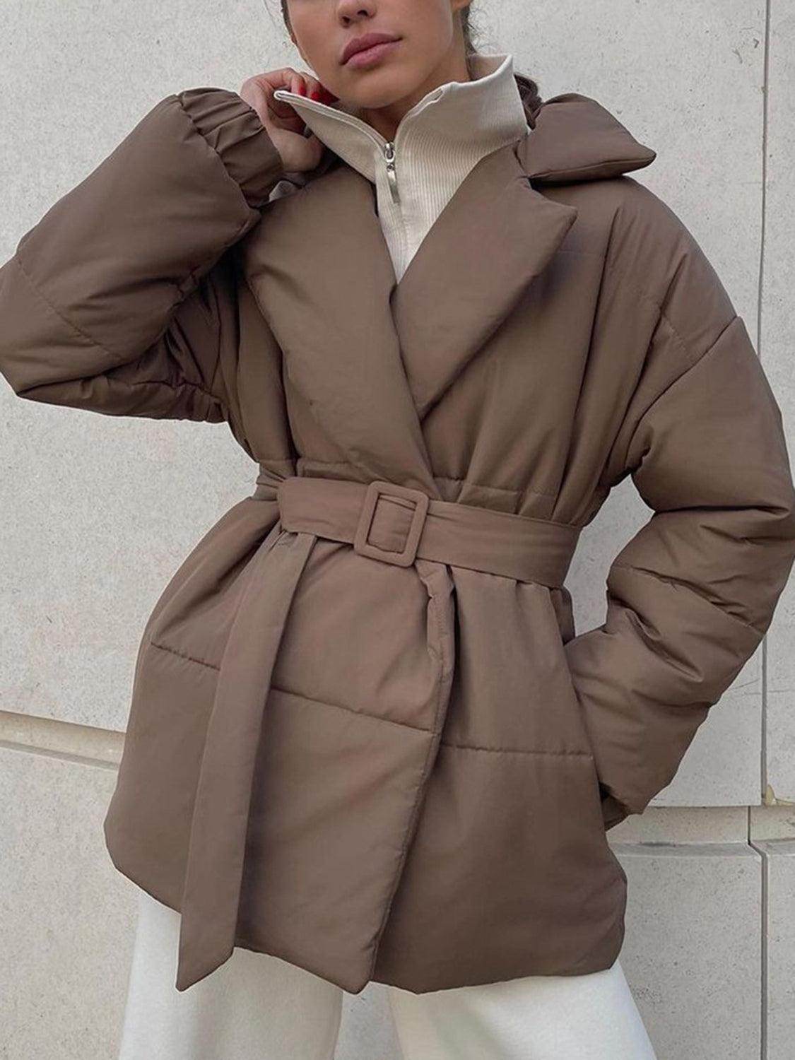 Puffer Long Sleeve Winter Coat with Belt for Women - Selvanelle