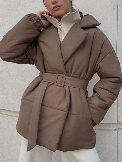 Puffer Long Sleeve Winter Coat with Belt for Women - Selvanelle