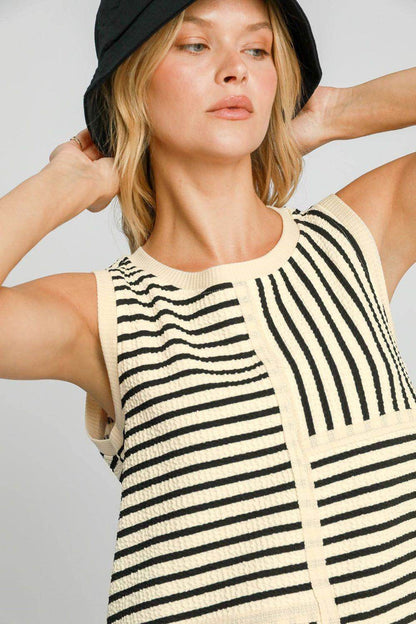 Umgee Round Neck Texture Striped Tank for Casual Style - Selvanelle