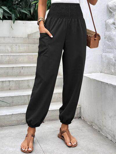 Smocked High Rise Joggers with Pockets for Women - Selvanelle
