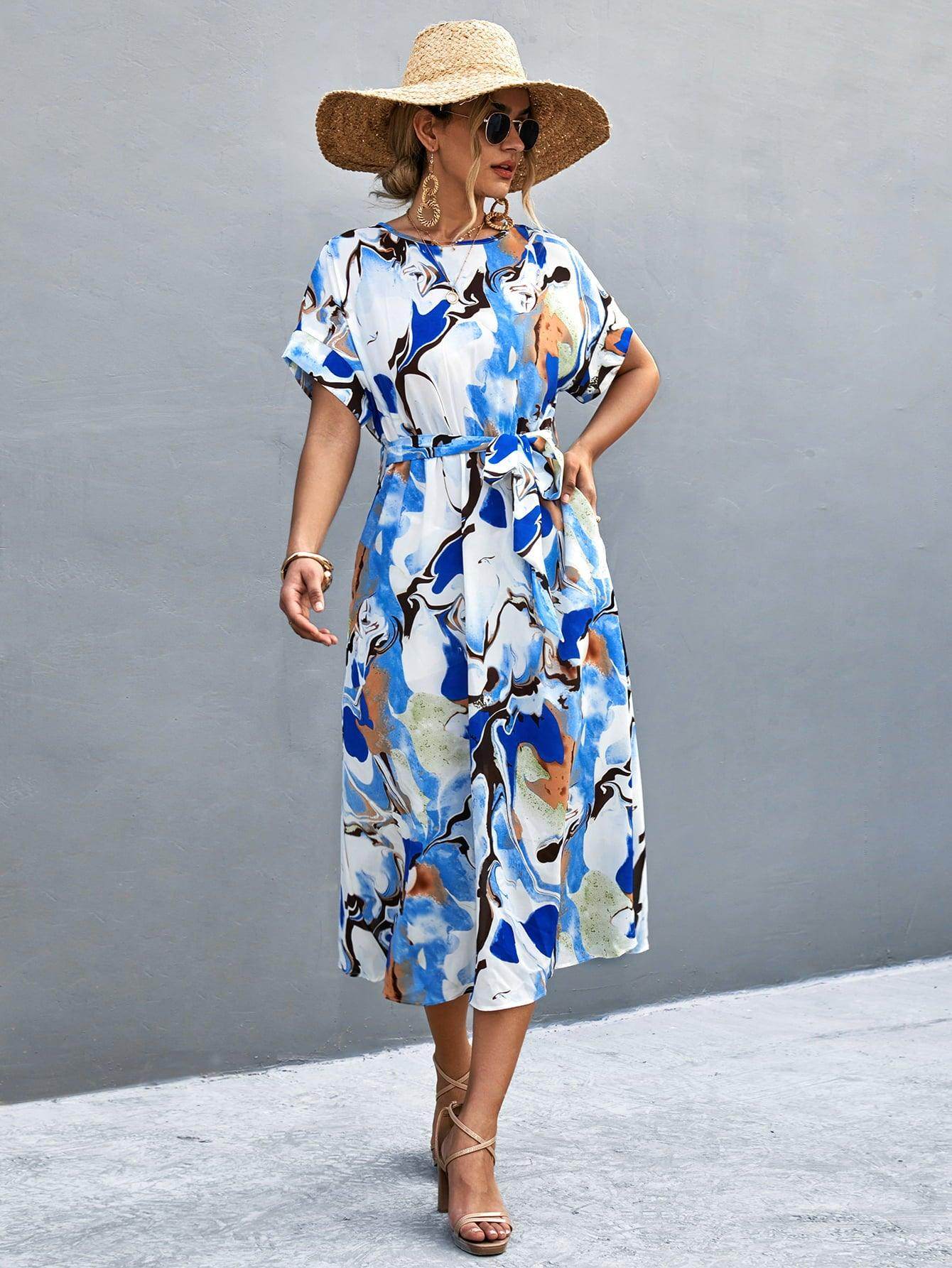 Round Neck Short Sleeve Tie Waist Midi Dress for Women - Selvanelle