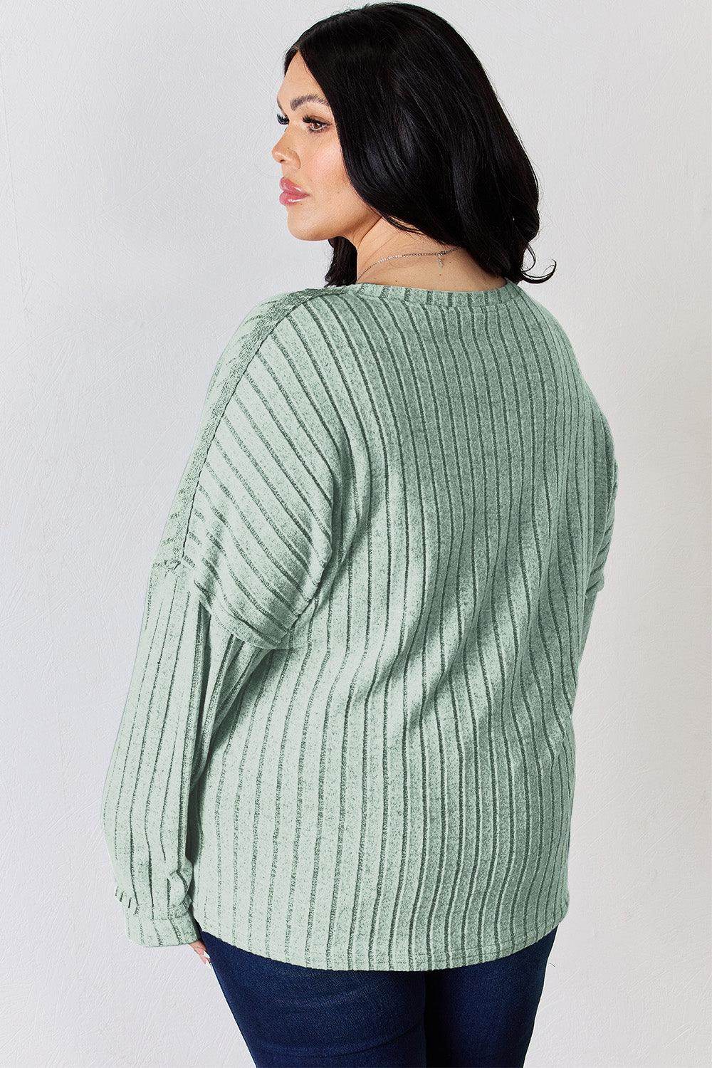 Basic Bae Full Size Ribbed Half Button Long Sleeve T-Shirt - Selvanelle