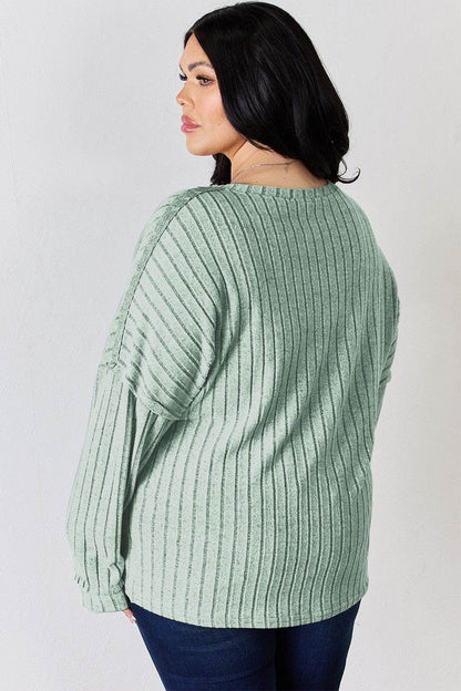 Basic Bae Full Size Ribbed Half Button Long Sleeve T-Shirt - Selvanelle