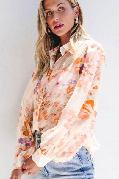 Printed Collared Neck Long Sleeve Shirt for Women Fashion - Selvanelle