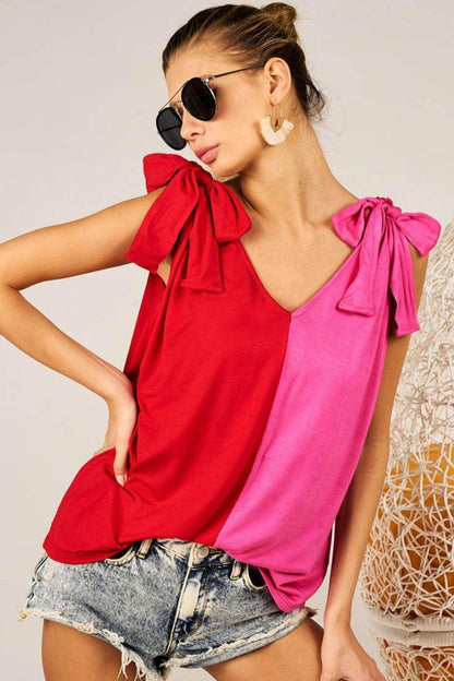 BiBi Shoulder Ribbon Tied Contrast Tank for Stylish Look - Selvanelle