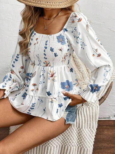 Smocked Floral Scoop Neck Flounce Sleeve Blouse for Women - Selvanelle
