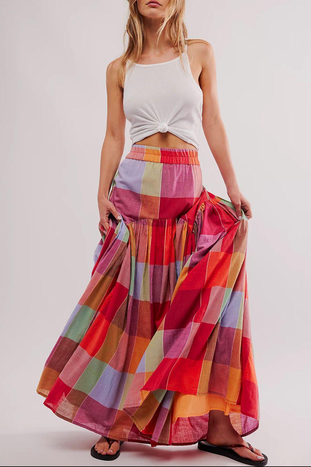 Color Block Elastic Waist Maxi Skirt for Women Fashion