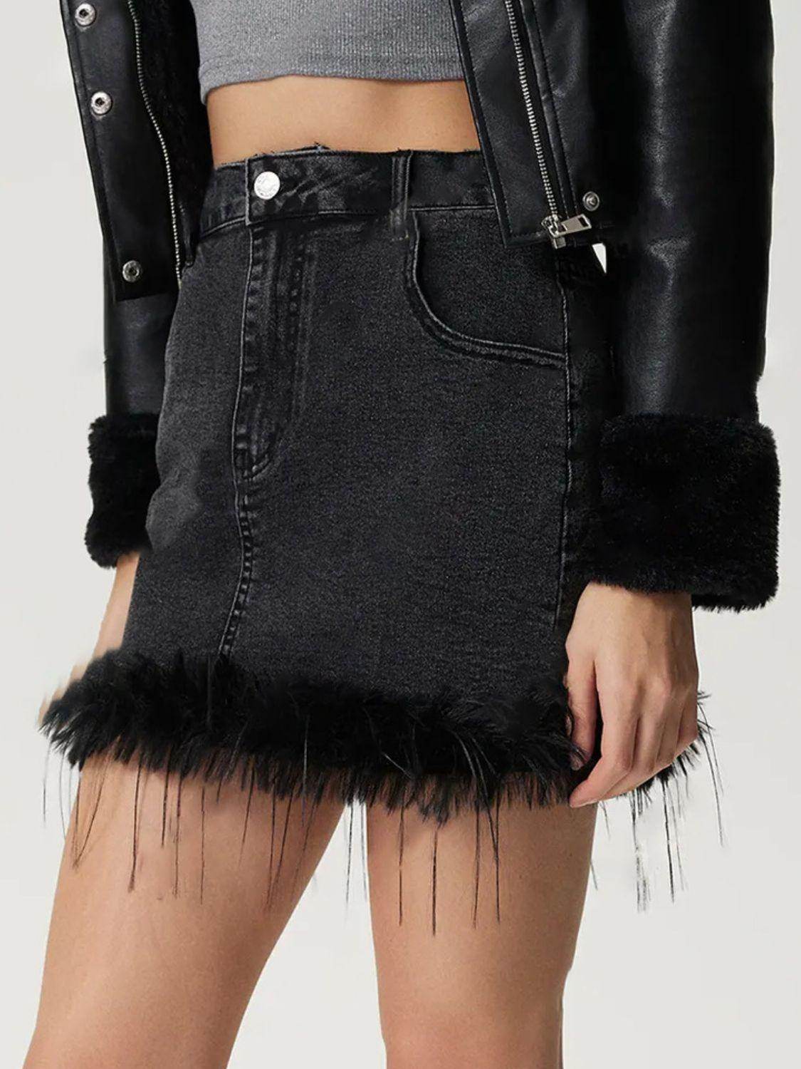 Plush Hem Mini Denim Skirt with Pockets and Stretchy Fit - Selvanelle