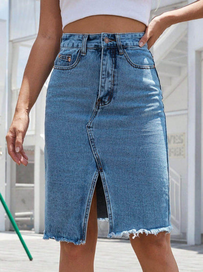 Raw Hem Slit Denim Skirt for Trendy Casual Wear - Selvanelle