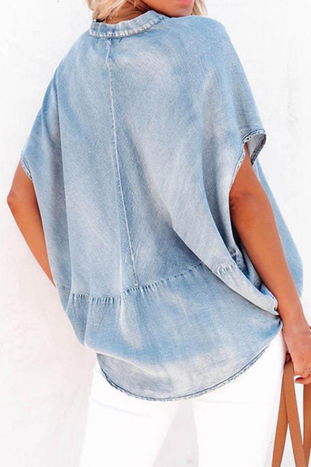 Notched Short Sleeve Denim Top for Casual Summer Style - Selvanelle