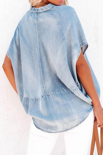 Notched Short Sleeve Denim Top for Casual Summer Style - Selvanelle
