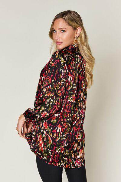 Double Take Full Size Printed Button Up Long Sleeve Shirt - Selvanelle