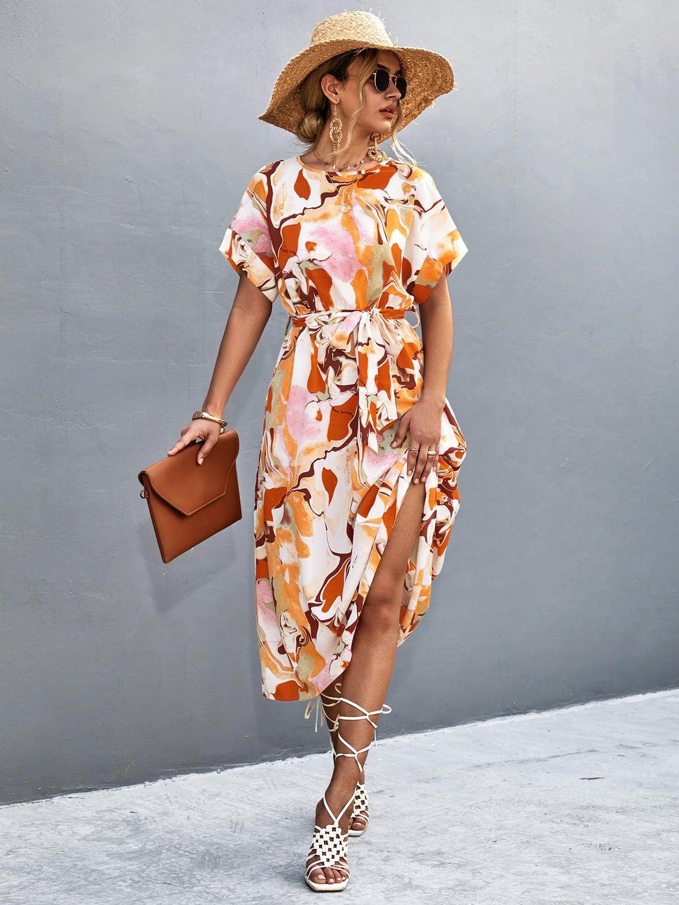 Round Neck Short Sleeve Tie Waist Midi Dress for Women - Selvanelle
