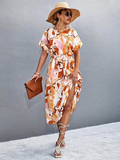 Round Neck Short Sleeve Tie Waist Midi Dress for Women - Selvanelle