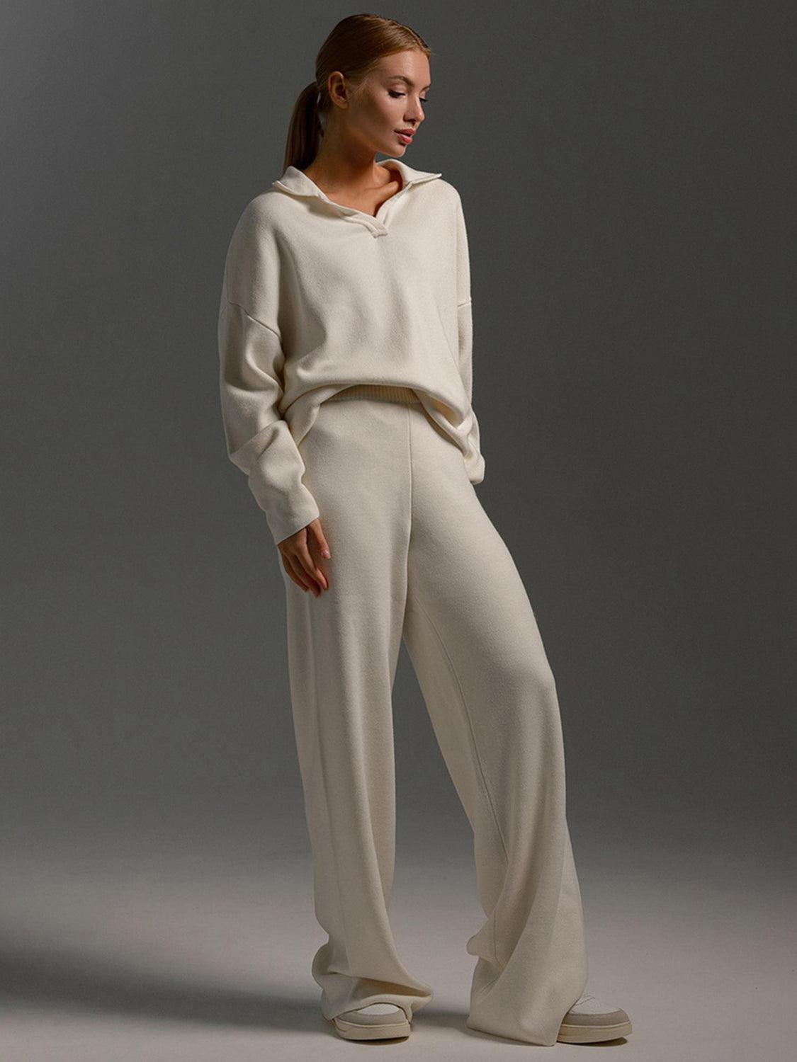 Johnny Collar Long Sleeve Top and Pants Sweater Set Women