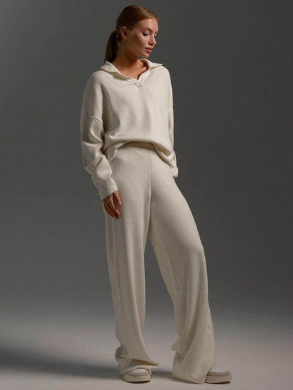 Johnny Collar Long Sleeve Top and Pants Sweater Set Women - Selvanelle