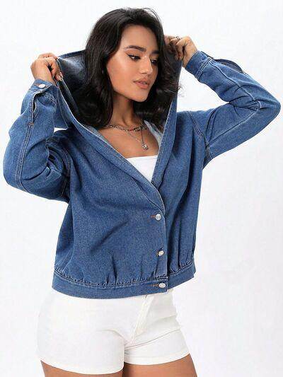 Button Up Hooded Denim Top for Stylish Comfort - Selvanelle