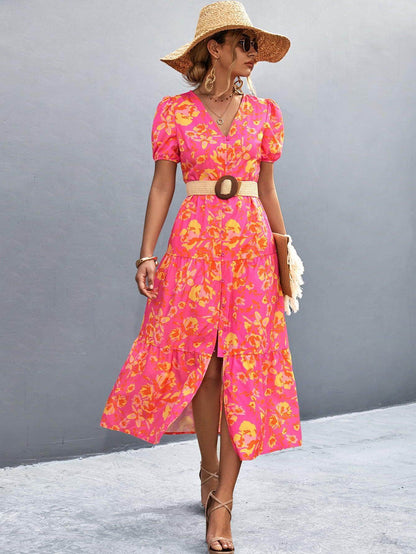 V-Neck Short Sleeve High Slit Midi Dress for Chic Style - Selvanelle