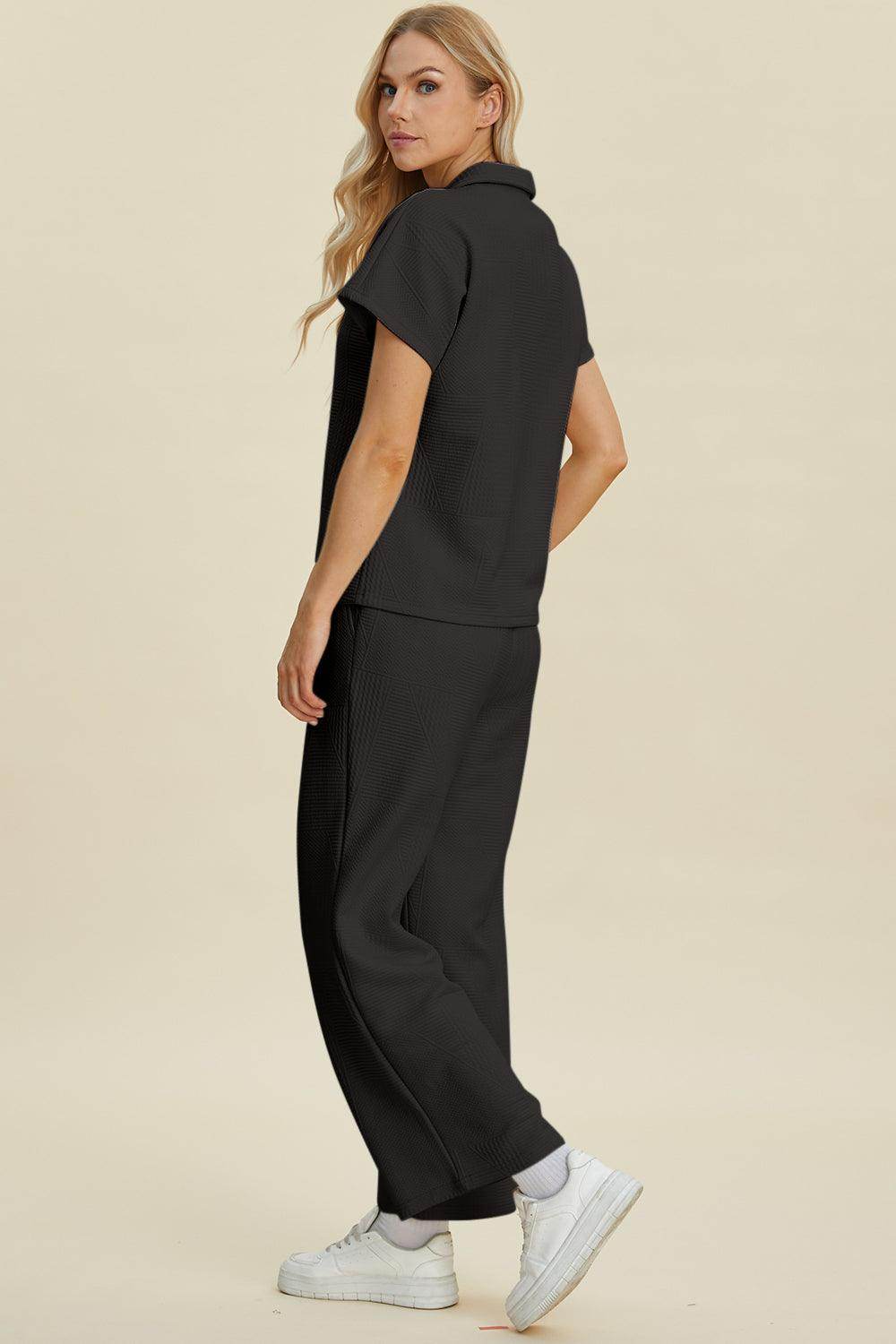 Double Take Full Size Collared Neck Short Sleeve Top Set - Selvanelle