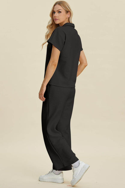 Double Take Full Size Collared Neck Short Sleeve Top Set - Selvanelle
