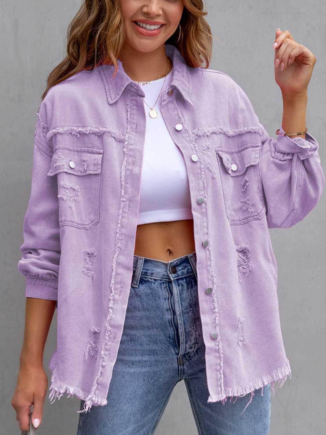 Distressed Drop Shoulder Denim Jacket for Casual Style - Selvanelle