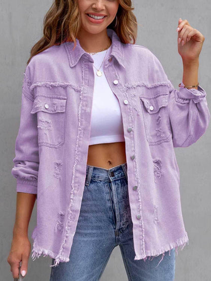 Distressed Drop Shoulder Denim Jacket for Casual Style - Selvanelle