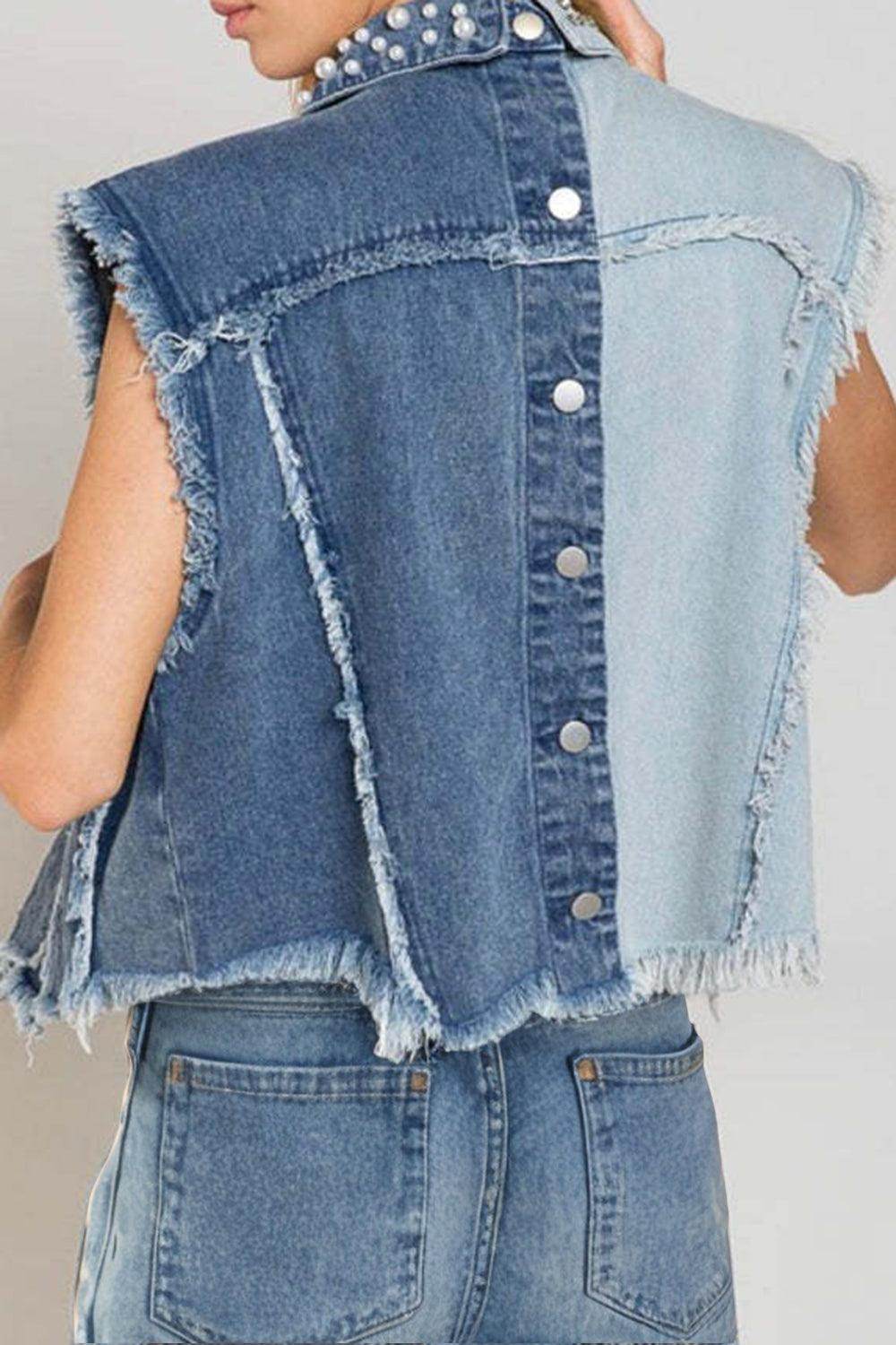 Pearl Raw Hem Sleeveless Denim Jacket for Women Stylish - Selvanelle