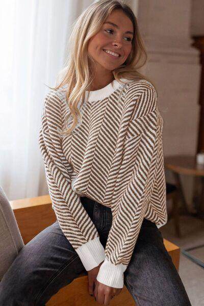 Striped Round Neck Long Sleeve Sweater for Women Fashion - Selvanelle
