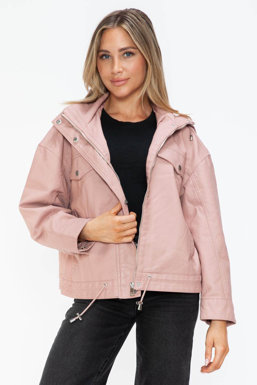 How Dare U Drawstring Hem PU Leather Zip Up Jacket for Women - Selvanelle