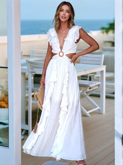 Cutout Ruffled Cap Sleeve Maxi Dress - Selvanelle