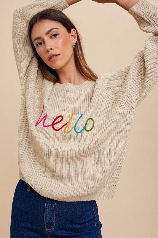 Annie Wear HELLO Embroidered Raglan Sleeve Sweater for Women - Selvanelle