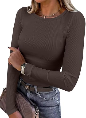ANRABESS Women Long Sleeve Shirts Ribbed Fitted Tops