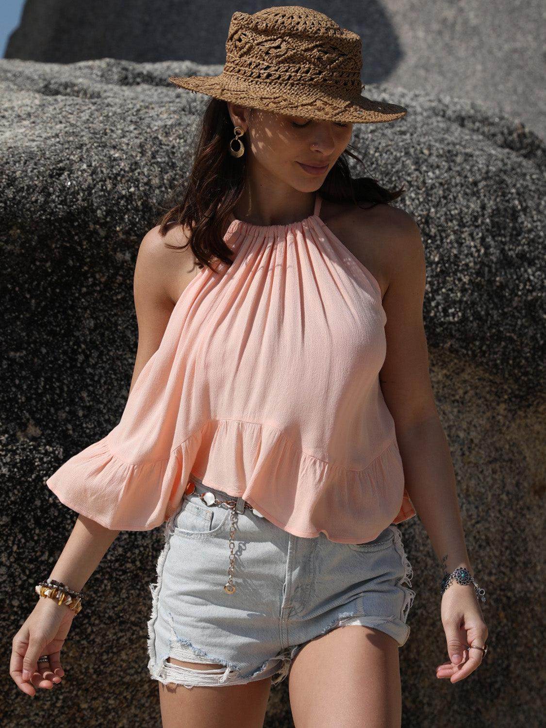 Ruched Peplum Round Neck Tank for Women in Stylish Design - Selvanelle