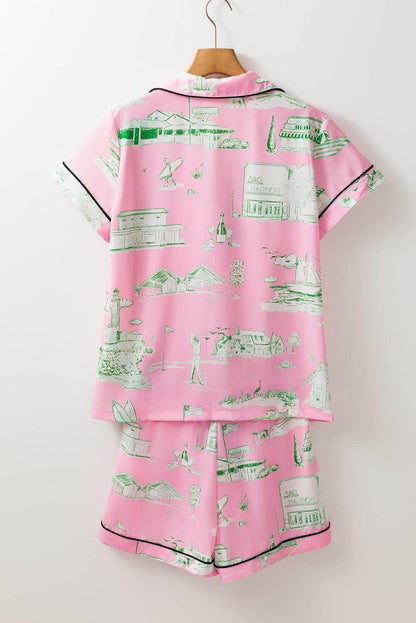 Collared Neck Printed Top and Drawstring Shorts Lounge Set - Selvanelle