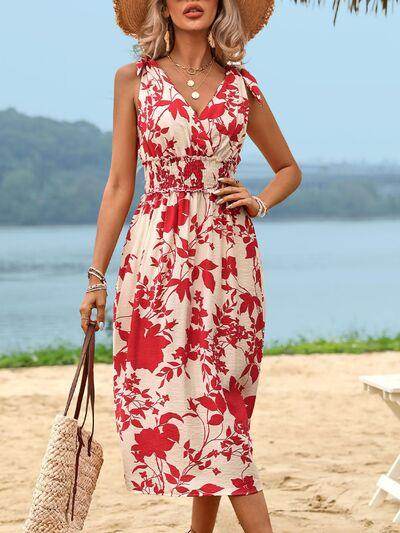 Perfee Smocked Printed Surplice Midi Dress for Women - Selvanelle