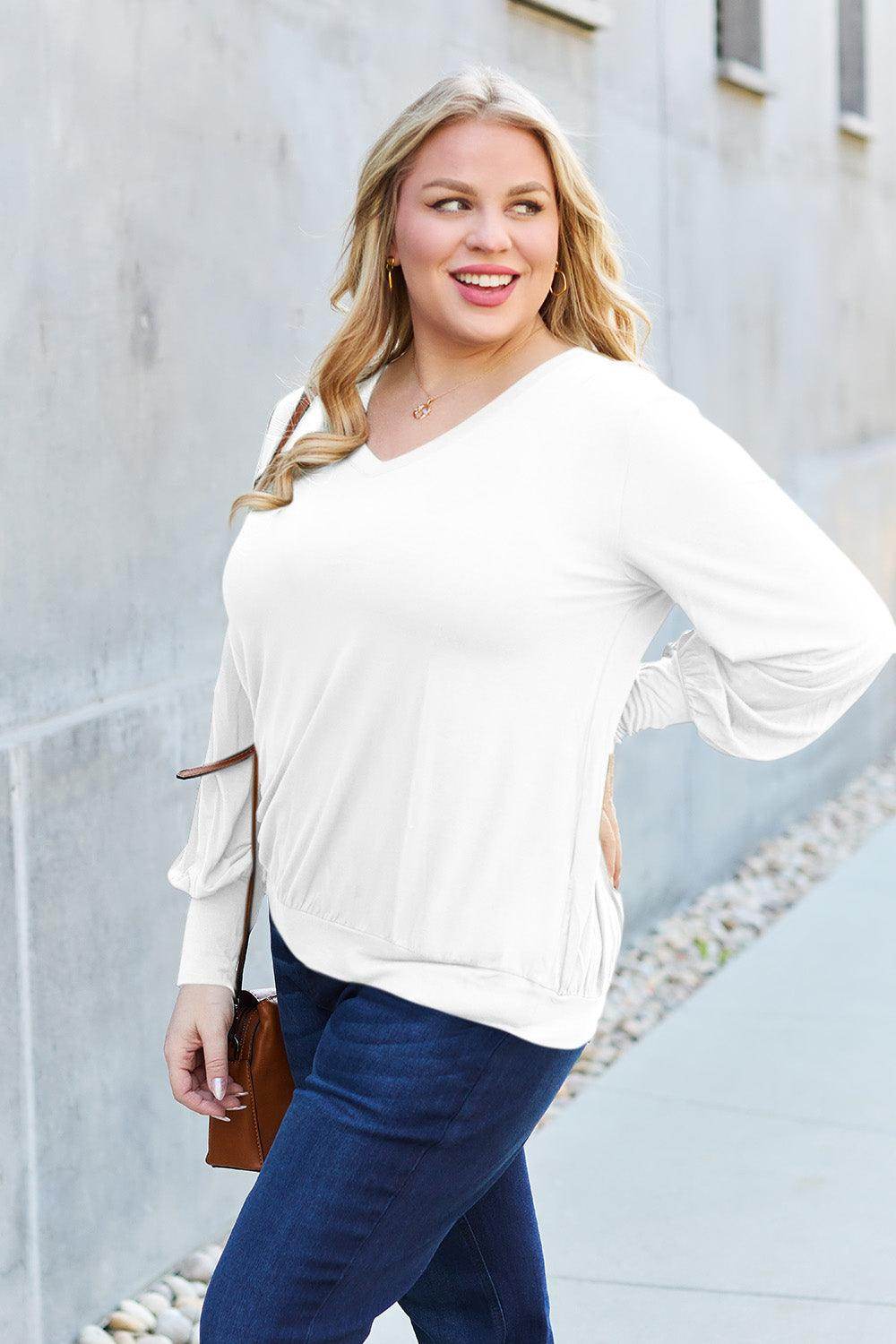 Basic Bae Full Size V-Neck Lantern Sleeve Top for Women - Selvanelle
