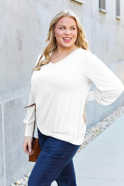 Basic Bae Full Size V-Neck Lantern Sleeve Top for Women - Selvanelle