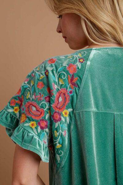 Umgee Velvet Embroidery Short Sleeve Blouse for Women - Selvanelle