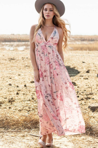 Floral Pleated Deep V Backless Maxi Dress - Selvanelle